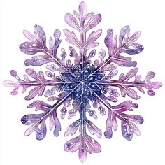 a watercolor painting of a snowflake with blue and purple leaves on it