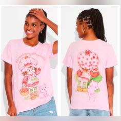 Women's Oversized Short Sleeve T-Shirt In Pink Features A Strawberry Shortcake Graphic Print Crafted From Lightweight Jersey Fabric For Breathability Has A Classic Crew Neckline And Basic Sleeve Style Quick Shipping Feel Free To Ask Any Questions From A Smoke Free Home Thanks So Much For Looking Pink Crew Neck T-shirt With Strawberry Print, Cute Pink Crew Neck Top, Trendy Pink Top With Strawberry Print, Pink Strawberry Print Graphic T-shirt, Pink Graphic Tee With Strawberry Print, Spring Pink T-shirt With Strawberry Print, Spring Kawaii Oversized Tops, Kawaii Oversized Tops For Spring, Oversized Kawaii Spring Tops