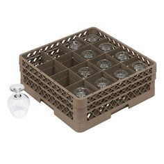 a brown dishwasher rack with six glass holders and a bottle opener next to it