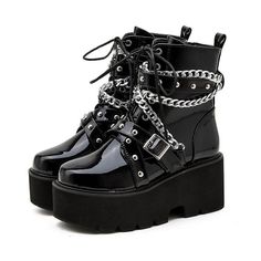 Product ID: BK4284  Material: Rubber, PU  Heel Height: 7cm  Closure Type: Lace Up  Size: 34-43 Color: Black   How to Measure Feet Length Witchy Shoes, Witchy Boots, Chain Boots, Shoes Gothic, Goth Platforms, Boots Goth, Witch Shoes, Witch Boots, Gothic Boots