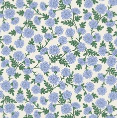 blue flowers on white background with green leaves and stems in the center, seamlessly