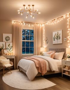 a bedroom decorated in neutral colors and lights