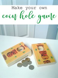 two wooden game pieces sitting on top of a table next to some coins and money