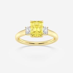 1 5/6 ctw Radiant Lab Grown Diamond Fancy Yellow With Side Emerald Cuts Three-Stone Engagement Ring 14K Yellow Gold Three Stone Engagement Ring, Stone Engagement Ring, Three Stone Engagement, Three Stone Engagement Rings, Stone Engagement, Three Stone, Emerald Cut, Lab Grown, Lab Grown Diamonds