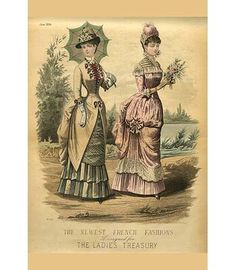 Buyenlarge 'Newest French Fashions 1884' by Warren Painting Print Size: 36" H x 24" W x 1.5'' D 1880s Women, 1889 Fashion, Fashion In France, Bustle Dresses, 1880 Fashion, Victorian Bustle, History Of Fashion, Victorian Era Fashion, Bell Skirt