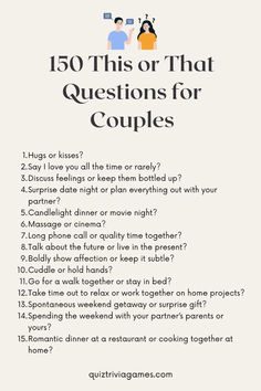 a white poster with the words 50 things that questions for couples on it and an image of two people