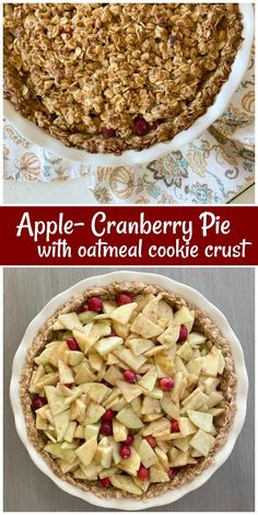 an apple cranberry pie with oatmeal cookie crust in the middle