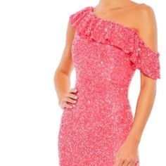 Crafted From Gorgeous Sequin Fabric, This Gown Features An Asymmetrical Off-The-Shoulder Neckline, Ruffle Detailing, And A Flattering Trumpet Silhouette. Mac Duggal Sequin Mesh Overlay; 100% Polyester Lining (100% Polyester) Fully Lined Asymmetrical Off-The-Shoulder Neckline Ruffle Neckline Detailing Concealed Back Zipper Approx. 62.5" From Top Of Shoulder To Bottom Hem Available In Watermelon (Bright Pink) Style #5611 **New With Tags** Bust: 36.5" Waist: 28.5" Hips: 39" Glamorous Sheath Evening Dress For Spring, Watermelon Dress, Mac Duggal Dress, Trumpet Silhouette, Ruffle Prom Dress, Long Sleeve Cocktail Dress, Trumpet Gown, Mac Duggal Dresses, Cocktail Gowns