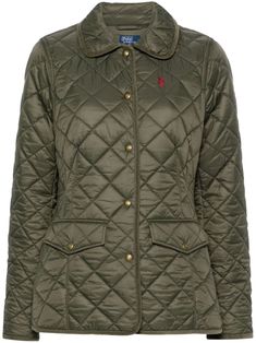 olive green recycled nylon quilted padded design front press-stud and zip fastening corduroy detail classic collar long sleeves signature Polo Pony motif dart detailing two front flap pockets full lining straight hem Luxury Green Outerwear With Patch Pockets, Green Quilted Winter Jacket, Outdoor Quilted Nylon Jacket With Padded Collar, Green Cotton Quilted Jacket, Green Long Sleeve Quilted Jacket, Ralph Lauren Quilted Jacket Woman, Ralph Lauren Military Jacket, Polo Pony, Upcycled Materials