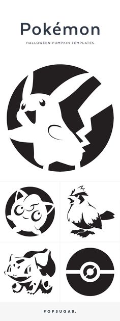 the pokemon logo is shown in black and white, as well as some other symbols