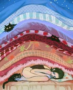 a painting of a woman laying on top of a bed next to two black cats