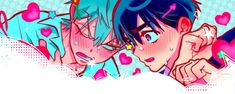 two anime characters with blue hair and hearts on their foreheads, one is kissing the other