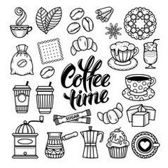 coffee time hand drawn doodle set with different types of food and drinks stock illustration