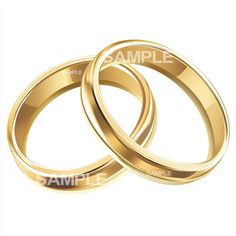 two gold wedding rings with the word sample on them