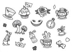 an ink drawing of many different things on a white background