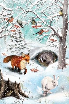 a painting of some animals in the snow