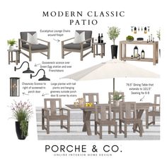 an outdoor dining table and chairs are shown with text describing the different types of patio furniture