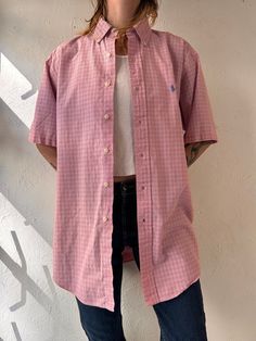 - Vintage Ralph Lauren pink short sleeve button up shirt - Made in Hong Kong - 100% cotton - Tagged M  Chest: 25" Length: 31.5" Everyday Pink Button-up Shirt, Pink Cotton Short Sleeve Shirt, Summer Pink Shirt With Button Closure, Pink Summer Shirt With Button Closure, Pink Button Closure Shirt For Summer, Casual Pink Button-up Shirt, Preppy Short Sleeve Shirt For Spring, Collared Short Sleeve Cotton Shirt For Daywear, Collared Cotton Short Sleeve Shirt For Daywear