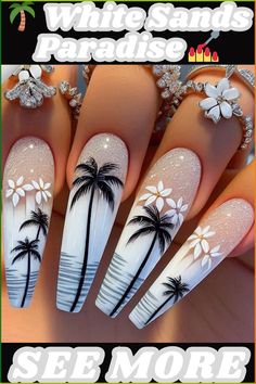 These tropical nails are giving us major vacay vibes! ☀️ Click to see more stunning white nail designs on   www.hauserinfo.com!,nailart,nails,naildesigns,nailinspo,manicure,beauty,fashion,style,gelnails ,acrylic nails,nail art designs,geometricnails,floralnails,frenchmanicure,ombrénails ,marblenails,summernails,winternails,holidaynails,weddingnails,valentinesnails ,rednails,pinknails,bluenails,nudenails,blacknails,springnails White Nail Ideas, Nails Nail Art Designs, Summer Vacation Nails, White Summer Nails, Beach Nail Art, Crazy Nail Designs, Beach Nail