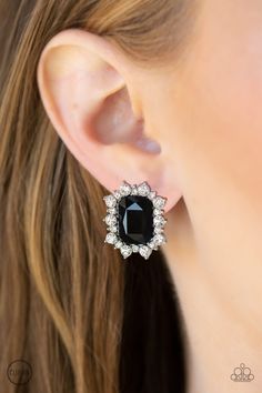 A border of glassy white rhinestones spin around a regal emerald-cut black rhinestone center for a refined look. Earring attaches to a standard clip-on fitting.

Sold as one pair of clip-on earrings. Trendy Fringe, Pink Peacock, Faceted Gems, Paparazzi Accessories, Prime Time, White Rhinestone, Red Rhinestone, Black Earrings, Black Rhinestone