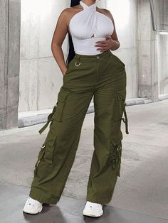 Army Green Casual Collar  Woven Fabric Plain Cargo Pants Embellished Non-Stretch  Women Clothing Casual Cheap Cargo Jeans With Belt Loops, Cheap Urban Pants With Patch Pockets, Cheap Baggy Wide Leg Pants With Cargo Pockets, Affordable Wide Leg Cargo Pants With Contrast Stitching, Cheap Cargo Jeans With Pockets, Straight Leg, Trendy Cheap Bottoms With Patch Pockets, Trendy Cheap Summer Cargo Pants, Cheap Khaki Cargo Jeans, Cheap Utility Cargo Jeans With Hip Pockets