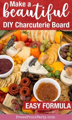 a platter filled with cheese, crackers and fruit for a beautiful diy charcuterie board