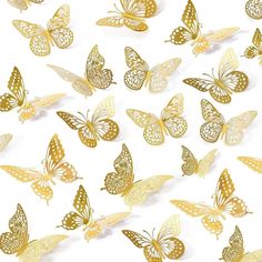 many gold butterflies are flying in the air