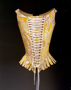 Corset, Italy, 1770s. Yellow silk brocade with floral design. Front and back lacing. 18th Century Stays, Vintage Corset, Lace Tights, Period Outfit