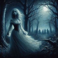 a painting of a woman in a white dress walking through a dark forest at night