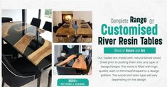 an advertisement for a customised river resinin table with chairs and other items on it