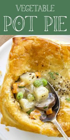 vegetable pot pie on a white plate with a spoon in it and the title overlay reads, vegetable pot pie