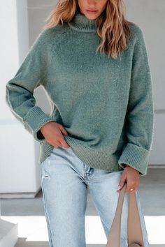 Get ready to cozy up in style with the Falling For You Green Ribbed Sweater! This wardrobe essential combines comfort with a relaxed, effortlessly chic design—perfect for cooler weather. The high neckline offers a chic, modern touch while keeping you warm and stylish during the colder months. Whether paired with jeans for a casual day out or dressed up with statement accessories, the Falling For You Green Ribbed Sweater is your go-to for effortless style and cozy comfort. Soft Green Sweater, Sorority Rush Outfits, Rush Outfits, Fall Style Guide, Gameday Dress, Casual White Dress, Statement Accessories, Game Dresses, Cooler Weather