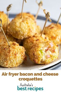 an advertisement for air fryer bacon and cheese croquettes on a plate