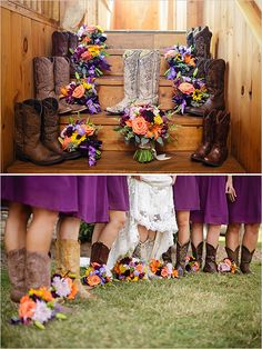 the bridesmaid's bouquets and cowboy boots are arranged on the steps