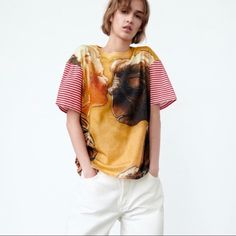 Zara T-Shirt E.T.T-Shirt @Universal New New With Tags Small Armpit To Armpit 20" Category Women Tops Tees - Short Sleeve Zara Tshirt, Short Faux Fur Jacket, Zara T Shirt, Leopard Print Jacket, Zara Shirt, Red Blazer, Knitted Tshirt, White And Red, Golden Yellow