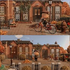 two pictures of a person riding a bike in front of a house