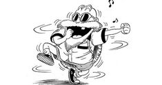 an image of a cartoon character running with music notes coming out of his mouth and hands in the air