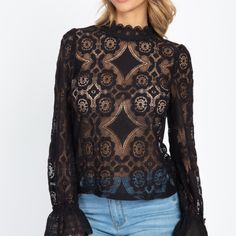 Sheer Knit Top Featuring An Floral And Geo Crochet Lace Mock Neck With Lace Trim Long Sleeves With Bell Cuffs Back Keyhole With Button Loop Closures Waist Length Material:55% Nylon 45% Cotton Elegant Lace Tops With Pointelle Knit, Elegant Lace Crochet Top For Fall, Elegant Fall Lace Crochet Top, Elegant Black Open Knit Tops, Elegant Lace Crochet Top With Open Knit, Black Long Sleeve Crochet Top, Chic Black Crochet Long Sleeve Top, Elegant Stretch Crochet Top For Fall, Spring Black Crochet Top With Pointelle Knit