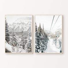 two black and white photographs of snow covered mountains with ski lift in the background, one is framed on wood