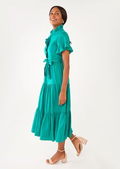 This crisp linen dress will take you everywhere this season in comfort and style. Crafted in a luxurious linen blend, our flattering Sadie Maxi Dress comes complete with pockets, a self-tie belt, and a beautifully detailed ruffle neckline. Sadie is a versatile silhouette that can be paired with sandals for a more casual look or heels for an evening out. Ruffle collar neckline Short sleeves with ruffle detail Invisible Zipper and Covered Buttons Tiered skirt Midi length Inseam pockets Removable s Jewel Tone Dress, Bold Jewelry, Skirt Midi, Ruffle Collar, Luxury Linen, Fabric Belt, Tier Skirt, Long Shorts, Tiered Skirt