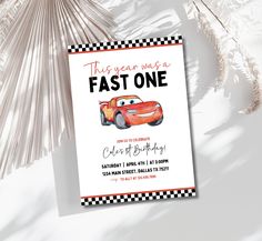 a birthday card for a boy with a cartoon car on it and the words, one year was fast one