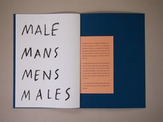 an open book with writing on it that says male mans men's males