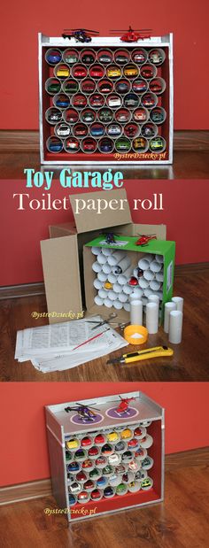 the toy garage toilet paper roll is open and ready to be put into its box