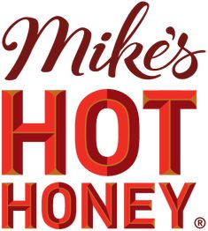 the mike's hot honey logo is shown in red and orange letters that read, make's hot honey