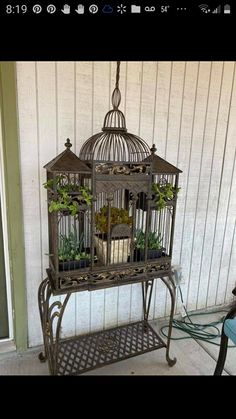 a birdcage filled with plants sitting on top of a metal stand