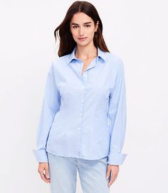 In crisp and classic cotton poplin, our LOFT Shirting Collection makes pulled-together polish easygoing and fresh. Point collar. Long sleeves with French cuffs. Button front.,Bullet1:26 3/4" long,Imported:Imported,Fit:Fit: Relaxed — an easy shape that's just shy of loose,Length:Length: Regular - hits below natural waist Loft Striped Cotton Poplin Seamed Shirt Size XL Spring Cornflower Women's by Loft Size Regular - XL Spring Cornflower Women's 100%, Cotton, V-Neck, Long, Sleeve, Blouse, Tops, Ev Getaway Dress, Social Dresses, Easy Shape, Grey Outfit, Blouse Tops, Going Out Dresses, Dress With Cardigan, Petite Dresses, Beach Dresses