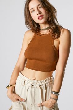 Racer Tank Brown ribbed tank. Scoop neck Racerback Fitted, cropped Trendy Tank Crop Top For Fall, Trendy Cropped Tank Top For Fall, Casual Cropped Tank Top For Fall, Brown Fitted Cropped Tank Top, Chic Ribbed Crop Top With Tank Straps, Ribbed Racerback Crop Top For Summer, Summer Ribbed Racerback Crop Top, Trendy Racerback Crop Top For Everyday, Trendy Everyday Racerback Crop Top