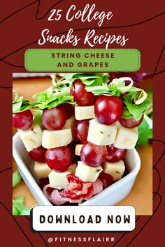 Discover 25 free college snacks recipes, featuring string cheese and grapes! #CollegeRecipes #HealthySnacks #LowCarb #QuickBites #EasyRecipes #HealthyEating #FitSnacks #SnackIdeas #HealthyLifestyle #CleanEating #NutritionGoals #FreeRecipes #FoodGuide