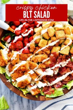 a salad in a bowl with dressing on the side and text overlay reading crispy chicken blt salad