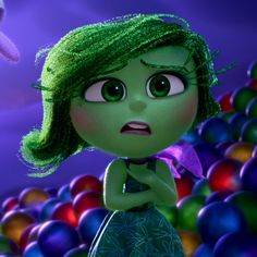 a cartoon character with green hair standing in front of many balls and flowers, looking at the camera